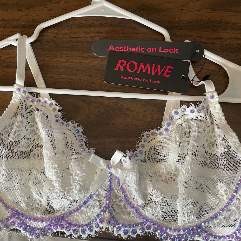 White Lace Bra with Hand Placed Purple Iridescent Rhinestone Trim, NWT
